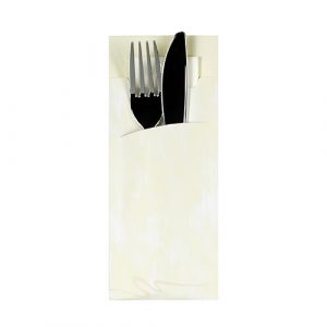 Torebki na sztućce, 20 cm x 8,5 cm, Kremowe, z białą serwetką 2-warstwową 33 x 33 cm, 520 szt. w op.